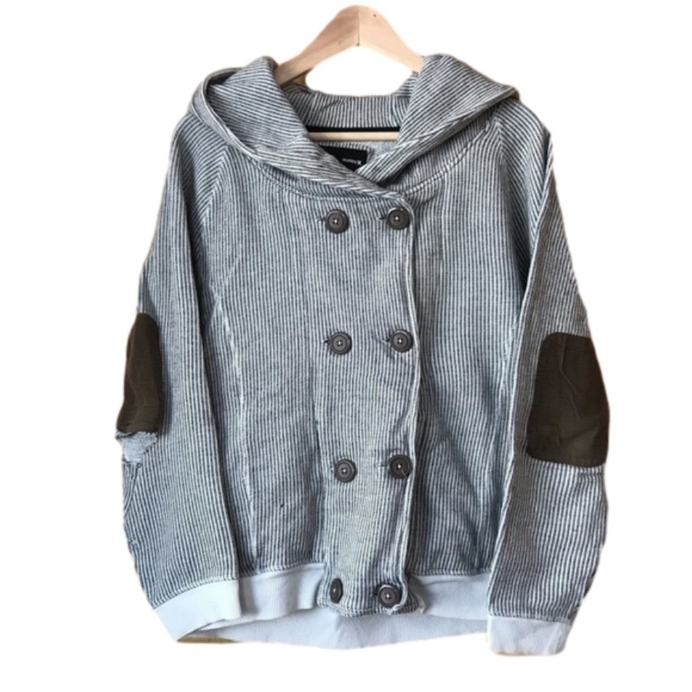 Vintage Hurley distressed elbow patch double button front hoodie size large